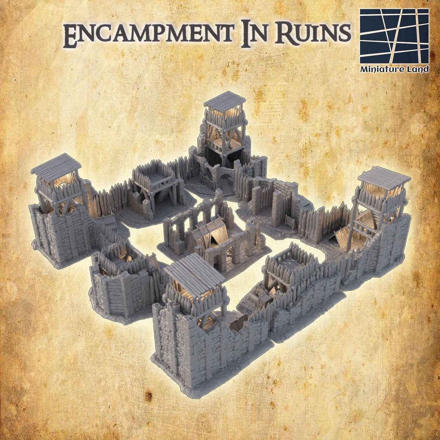 Encampment in Ruins - Tabletop Terrain - 28 MM, Tabletop 3D Printed Terrain by MiniatureLand, Perfect for Wargaming and RPGs
