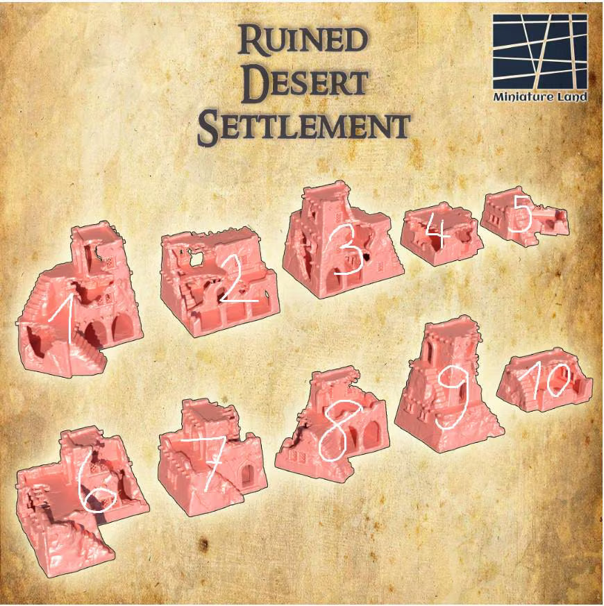 Ruined Desert Settlement - Tabletop Terrain - 28 MM, Tabletop 3D Printed Terrain by MiniatureLand, Perfect for Wargaming and RPGs