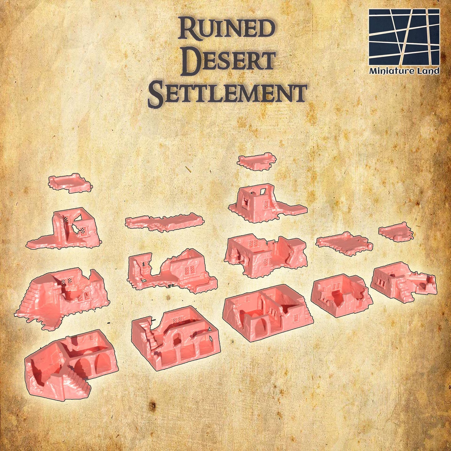 Ruined Desert Settlement - Tabletop Terrain - 28 MM, Tabletop 3D Printed Terrain by MiniatureLand, Perfect for Wargaming and RPGs