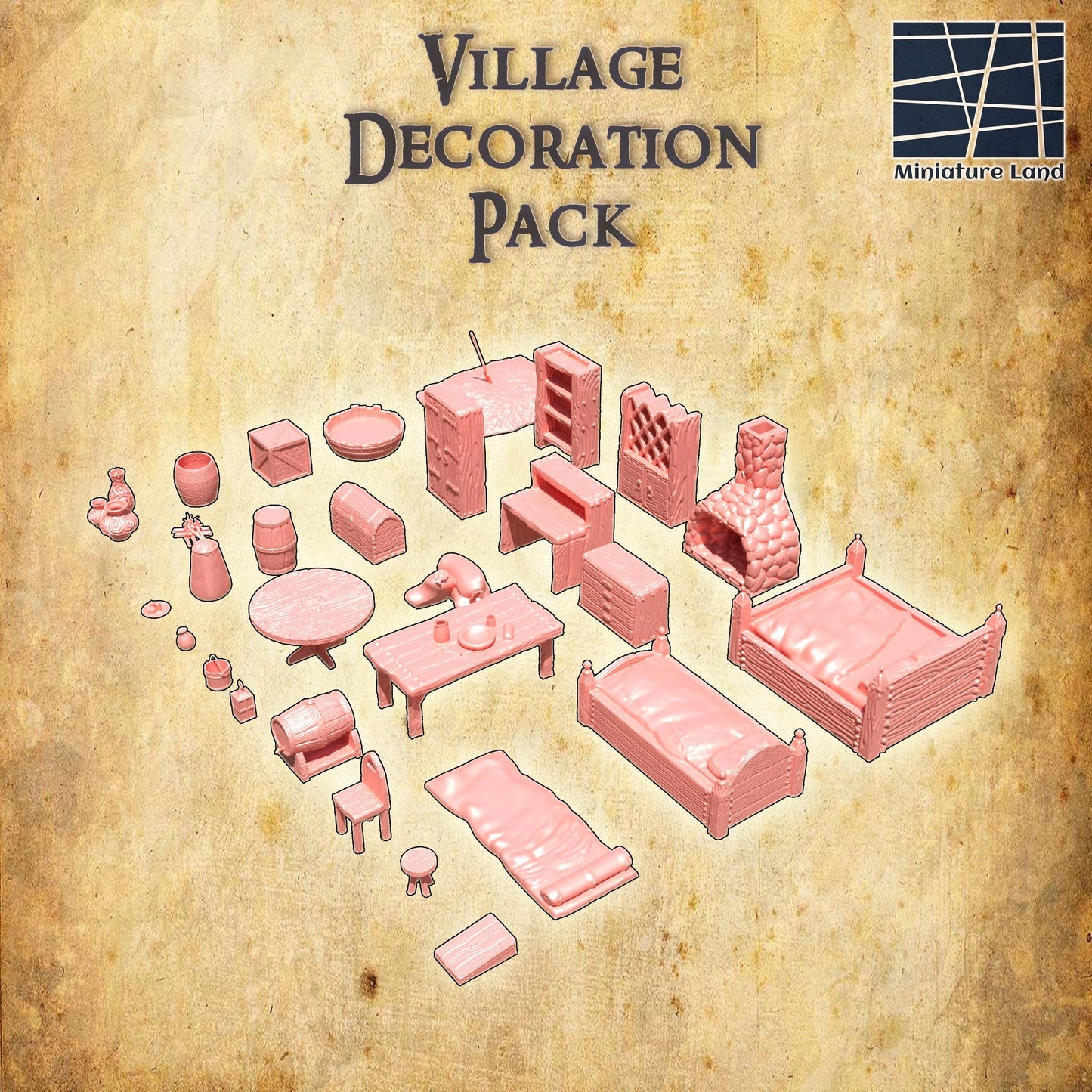 Village Decoration Pack 30 Object, Tabletop 3D Printed Terrain by MiniatureLand, Perfect for Wargaming and RPGs