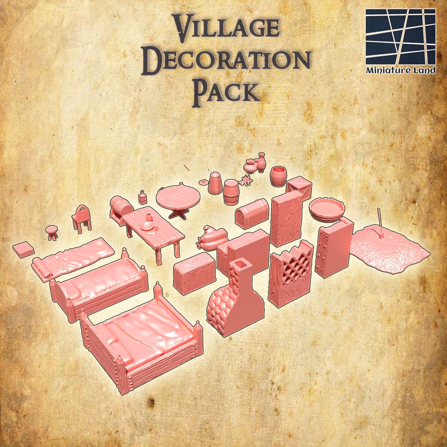 Village Decoration Pack 30 Object, Tabletop 3D Printed Terrain by MiniatureLand, Perfect for Wargaming and RPGs
