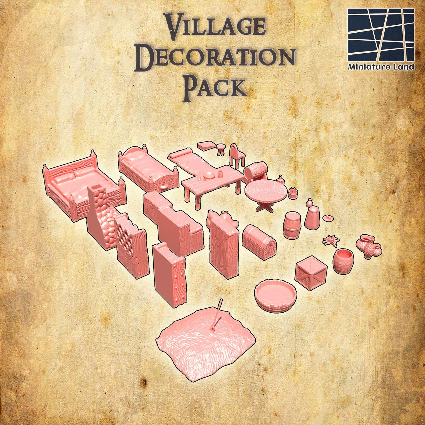 Village Decoration Pack 30 Object, Tabletop 3D Printed Terrain by MiniatureLand, Perfect for Wargaming and RPGs