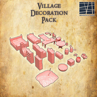 Village Decoration Pack 30 Object, Tabletop 3D Printed Terrain by MiniatureLand, Perfect for Wargaming and RPGs