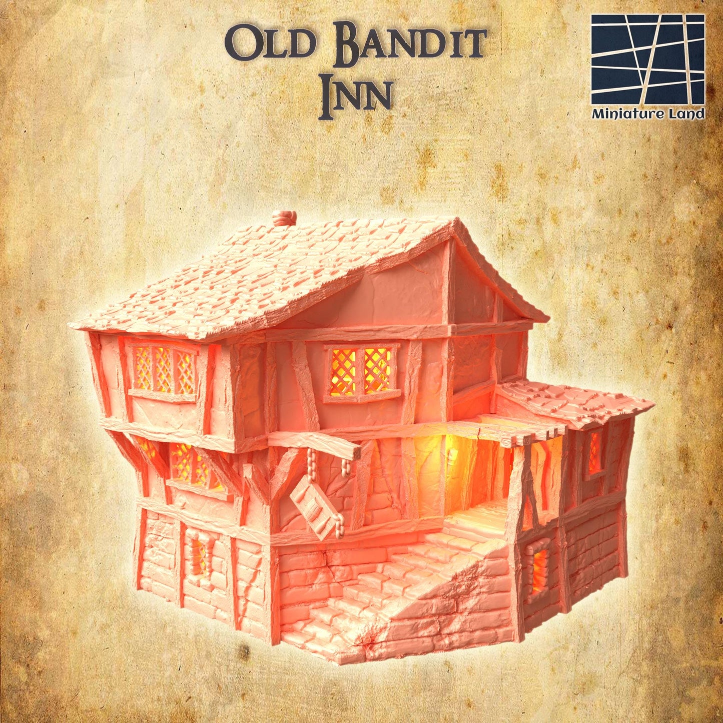 Old Bandit Inn - Tabletop Terrain - 28 MM, Tabletop 3D Printed Terrain by MiniatureLand, Perfect for Wargaming and RPGs