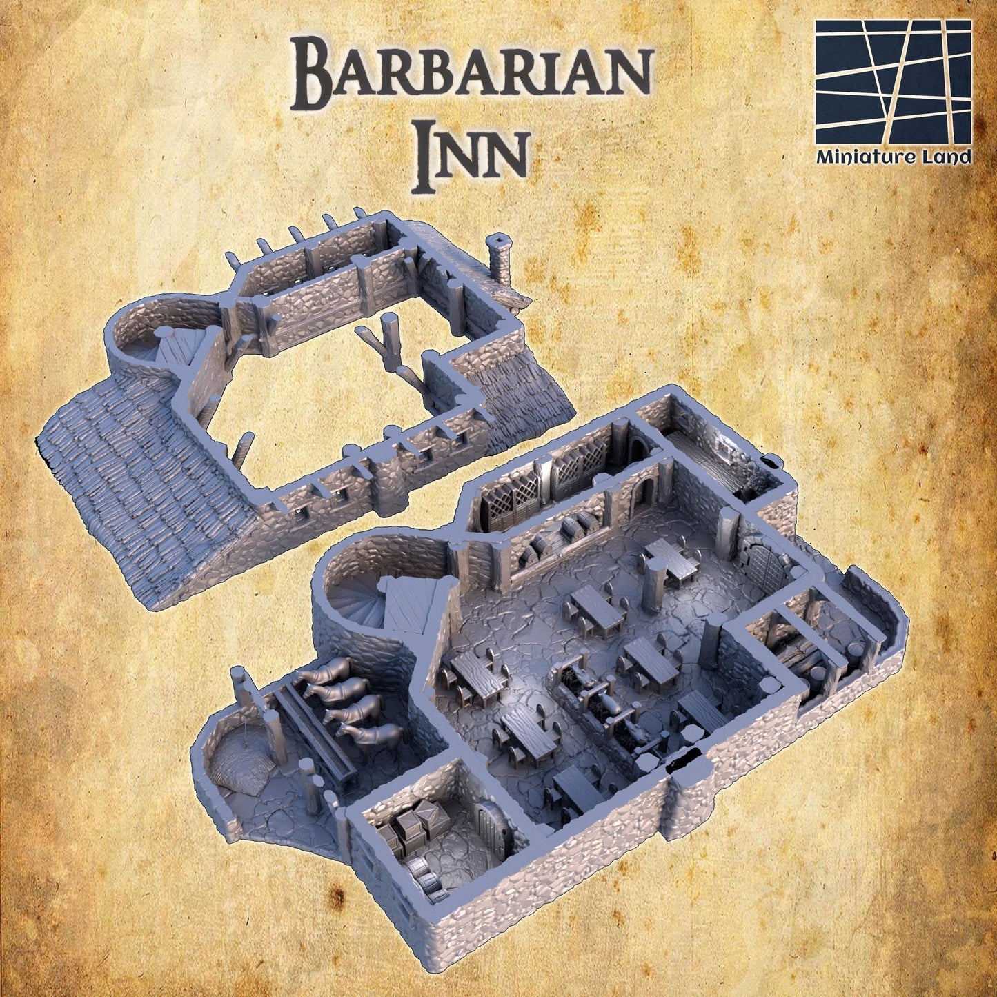 Barbarian Inn - Tabletop Terrain - 28 MM, Tabletop 3D Printed Terrain by MiniatureLand, Perfect for Wargaming and RPGs