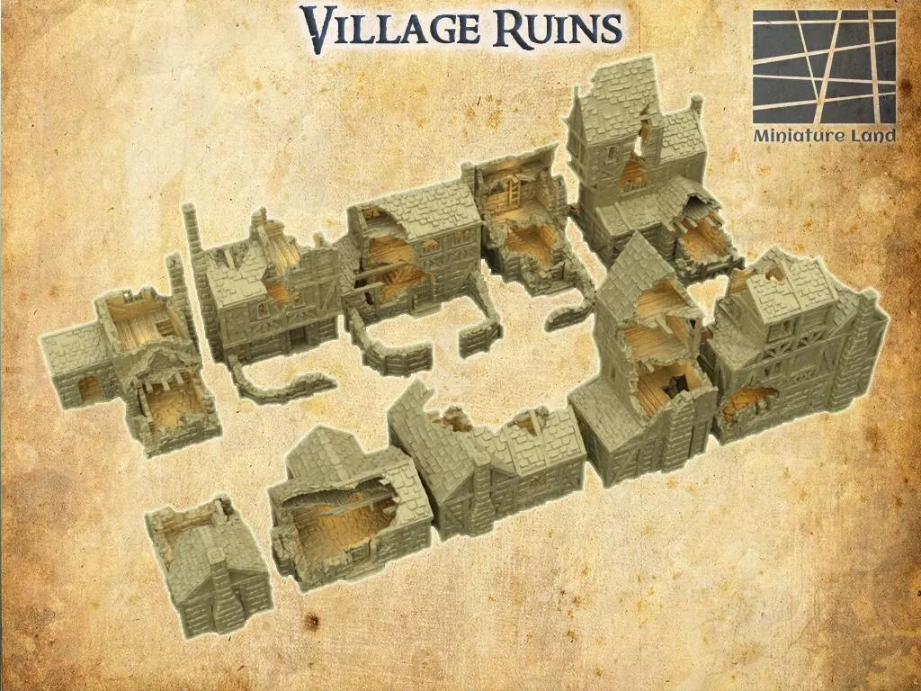 Village Ruins - Tabletop Terrain - 28 MM, Tabletop 3D Printed Terrain by MiniatureLand, Perfect for Wargaming and RPGs