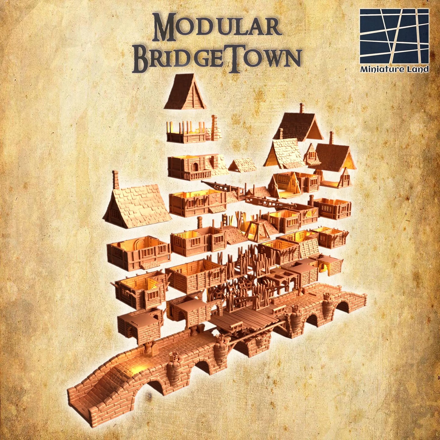Modular Bridgetown - Tabletop Terrain - 28 MM, Tabletop 3D Printed Terrain by MiniatureLand, Perfect for Wargaming and RPGs