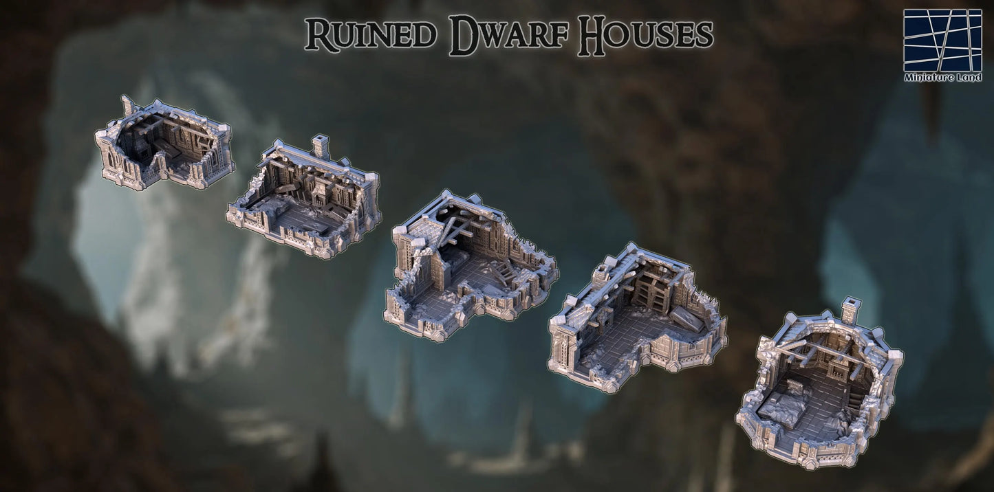Ruined Dwarf Houses- Tabletop Terrain - 28 MM, Tabletop 3D Printed Terrain by MiniatureLand, Perfect for Wargaming and RPGs