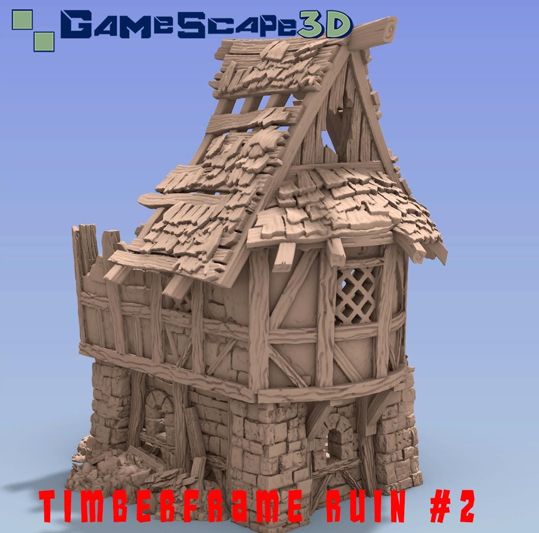 Timber Frame Ruin #2 by GameScape3D - 3D Printed Tabletop Terrain, Perfect for Wargames, Board Games, RPGs