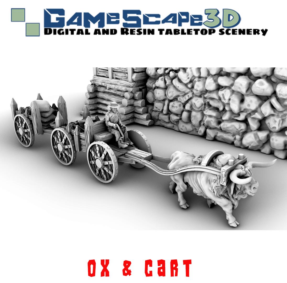Ox and Cart set by GameScape3D - 3D Printed Tabletop Terrain, Perfect for Wargames, Board Games, RPGs