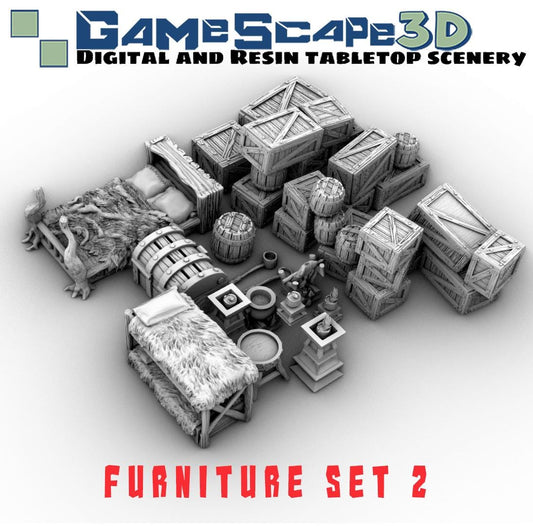 Primitive Furniture Set 2 by GameScape3D - 3D Printed Tabletop Terrain, Perfect for Wargames, Board Games, RPGs