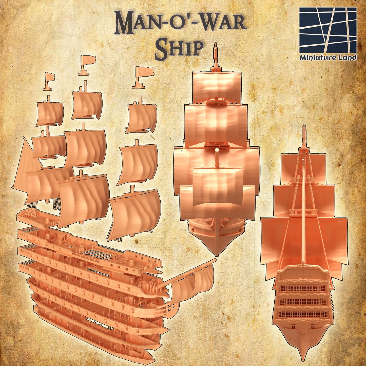 Manowar ship- Tabletop Terrain - 28 MM, Tabletop 3D Printed Terrain by MiniatureLand, Perfect for Wargaming and RPGs