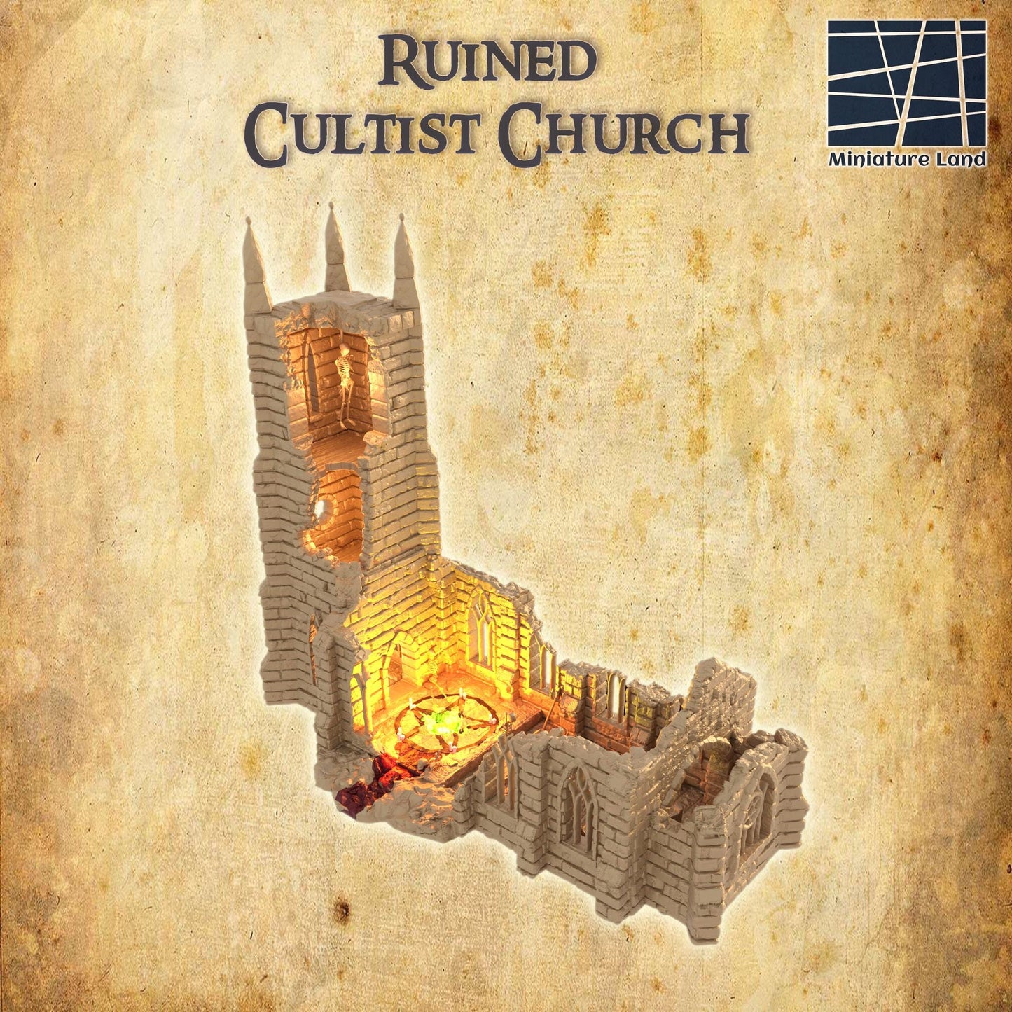 Ruined Cultist Church - Tabletop Terrain - 28 MM, Tabletop 3D Printed Terrain by MiniatureLand, Perfect for Wargaming and RPGs