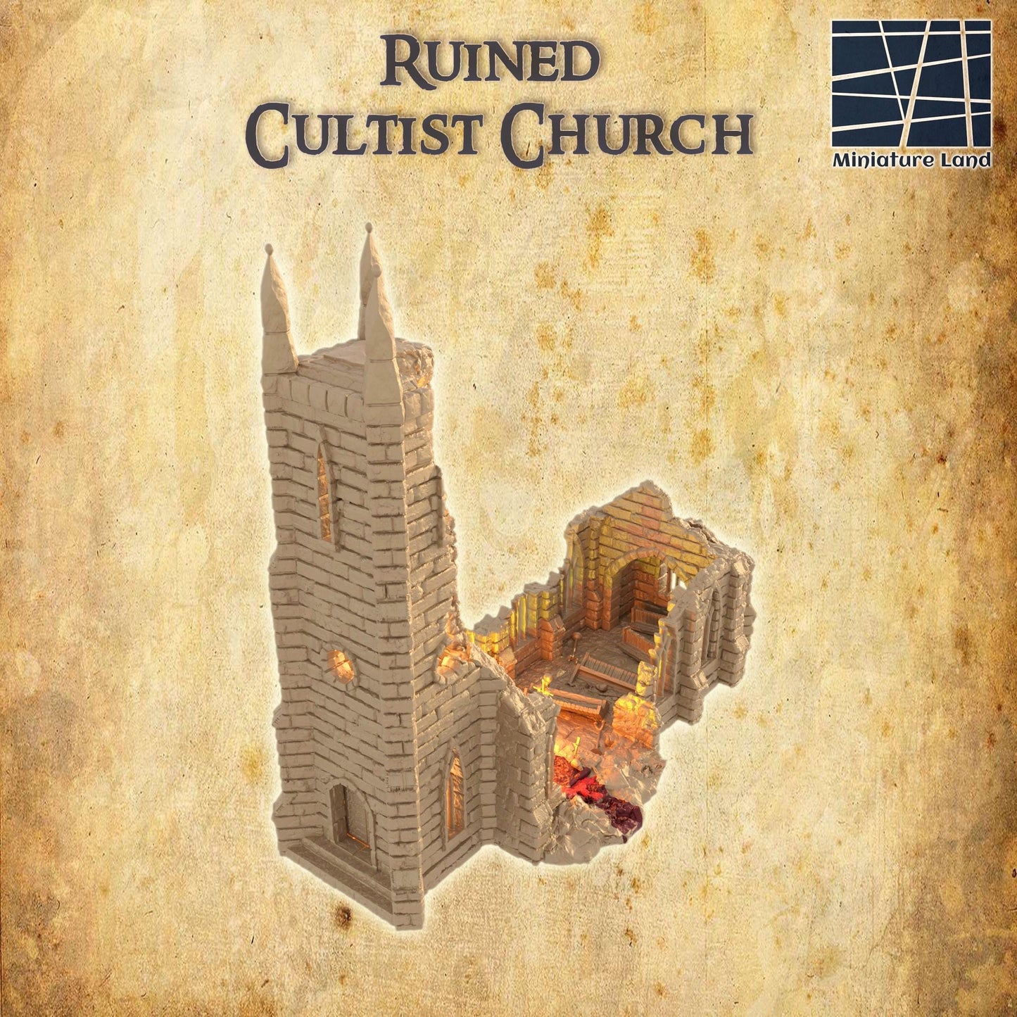 Ruined Cultist Church - Tabletop Terrain - 28 MM, Tabletop 3D Printed Terrain by MiniatureLand, Perfect for Wargaming and RPGs