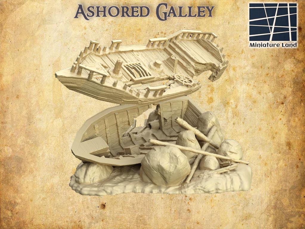 Ashored Galley - Tabletop Terrain - 28 MM, Tabletop 3D Printed Terrain by MiniatureLand, Perfect for Wargaming and RPGs