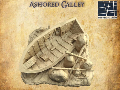 Ashored Galley - Tabletop Terrain - 28 MM, Tabletop 3D Printed Terrain by MiniatureLand, Perfect for Wargaming and RPGs