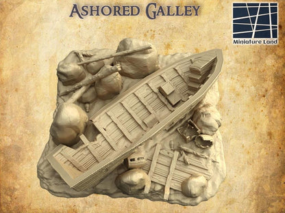 Ashored Galley - Tabletop Terrain - 28 MM, Tabletop 3D Printed Terrain by MiniatureLand, Perfect for Wargaming and RPGs