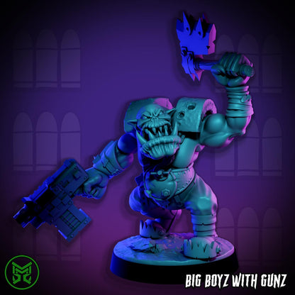 Big Boyz with Gunz, Space-Faring Orkish Menace Sculpted by Mekka Miniatures, Grimdark Compatible, Sci-Fi Wargame Scale