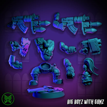 Big Boyz with Gunz, Space-Faring Orkish Menace Sculpted by Mekka Miniatures, Grimdark Compatible, Sci-Fi Wargame Scale