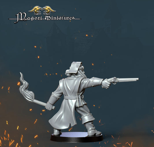 Witch Hunter with Pistol, Fantasy Skirmish Miniatures by Magori Miniatures, perfect for Fantasy Wargames and RPGs