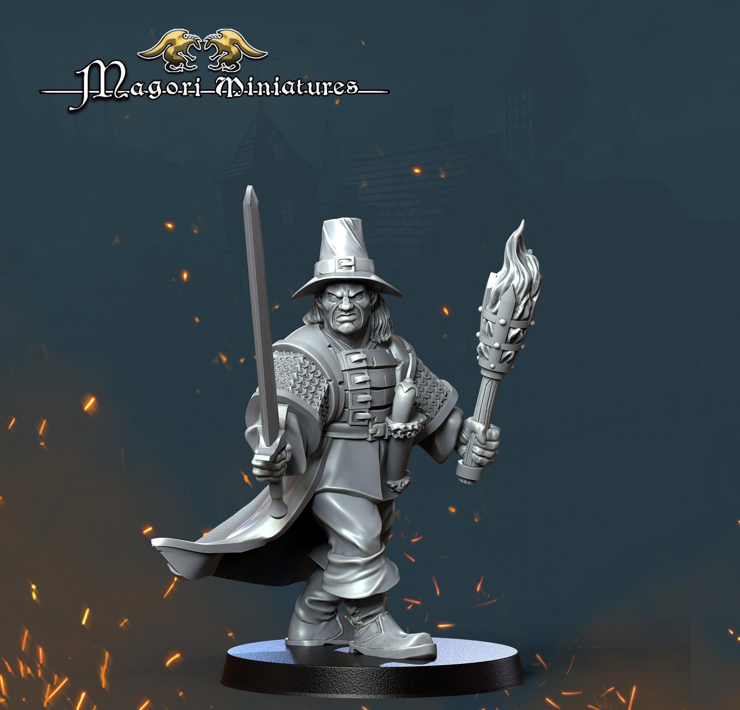 Witch Hunter with Torch, Fantasy Skirmish Miniatures by Magori Miniatures, perfect for Fantasy Wargames and RPGs