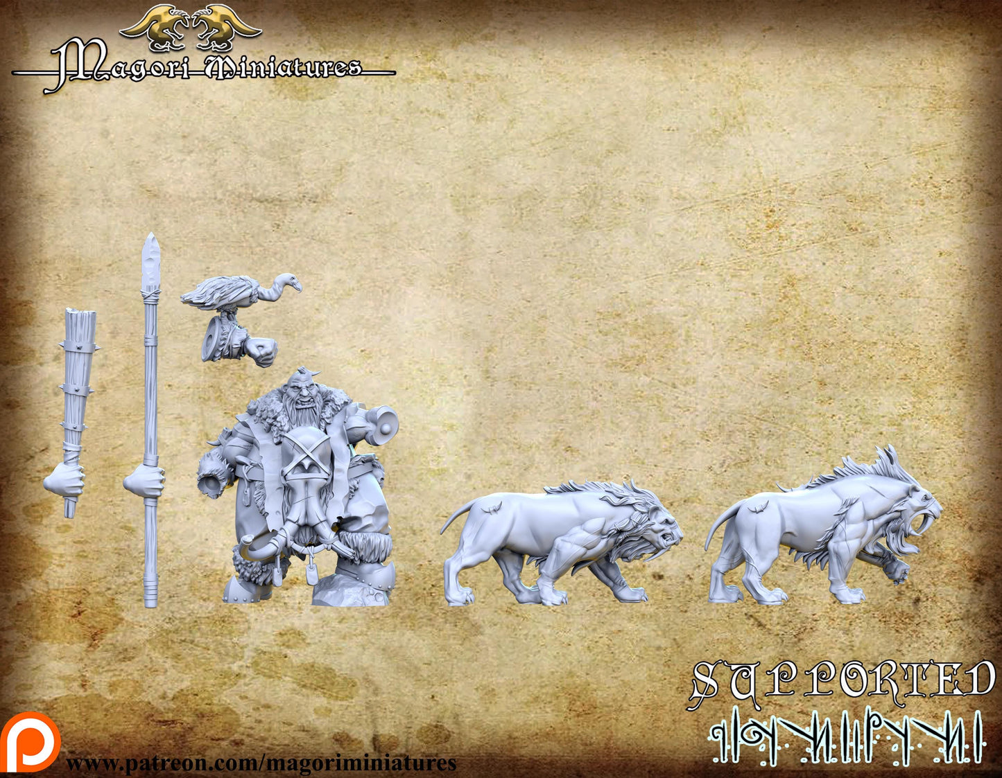 Ogre Hunter with Animal Companions, Fantasy Miniatures by Magori Miniatures, perfect for Fantasy Wargames and RPGs
