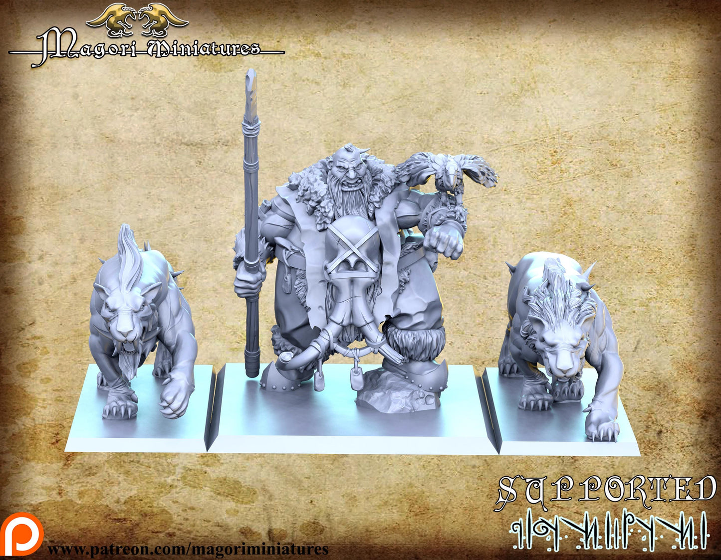 Ogre Hunter with Animal Companions, Fantasy Miniatures by Magori Miniatures, perfect for Fantasy Wargames and RPGs