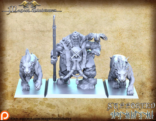 Ogre Hunter with Animal Companions, Fantasy Miniatures by Magori Miniatures, perfect for Fantasy Wargames and RPGs
