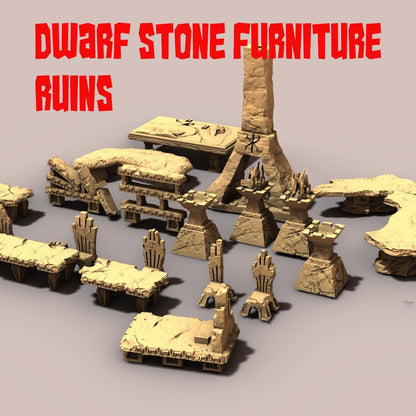 Ruined Dwarven Furniture by GameScape3D - 3D Printed Tabletop Terrain, Perfect for Wargames, Board Games, RPGs