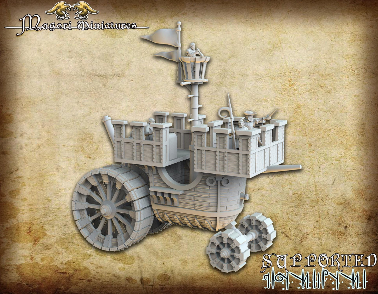 Steam fueled Landship with crew, Fantasy Skirmish Miniatures by Magori Miniatures, perfect for Fantasy Wargames and RPGs