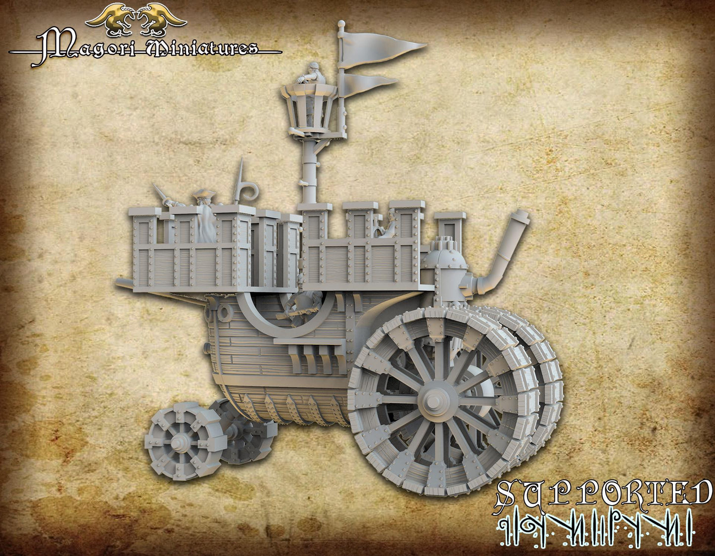 Steam fueled Landship with crew, Fantasy Skirmish Miniatures by Magori Miniatures, perfect for Fantasy Wargames and RPGs