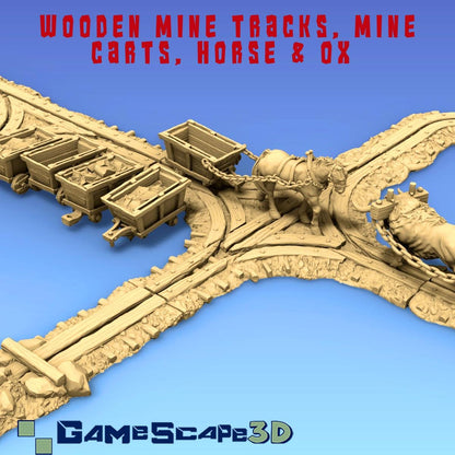Wooden Mining Tracks & Mining Cart by GameScape3D - 3D Printed Tabletop Terrain, Perfect for Wargames, Role playing games, Tabletop games