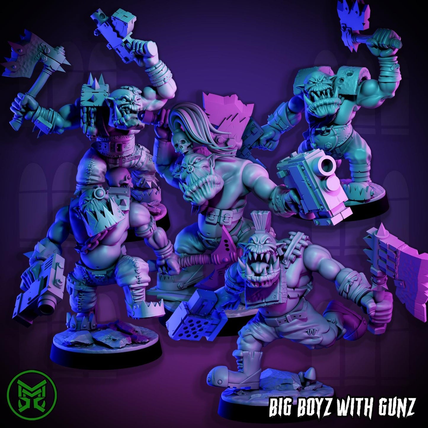 Big Boyz with Gunz, Space-Faring Orkish Menace Sculpted by Mekka Miniatures, Grimdark Compatible, Sci-Fi Wargame Scale