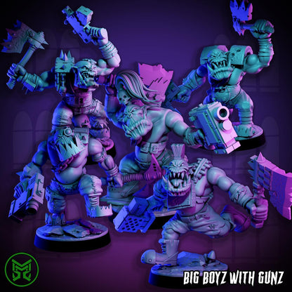Big Boyz with Gunz, Space-Faring Orkish Menace Sculpted by Mekka Miniatures, Grimdark Compatible, Sci-Fi Wargame Scale