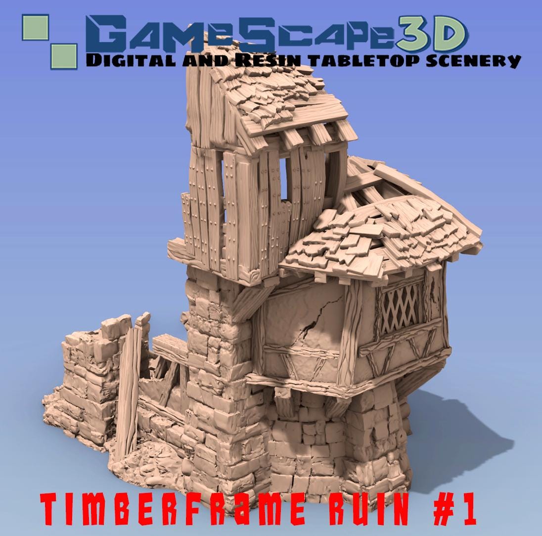 Timber Frame Ruin #2 by GameScape3D - 3D Printed Tabletop Terrain, Perfect for Wargames, Board Games, RPGs