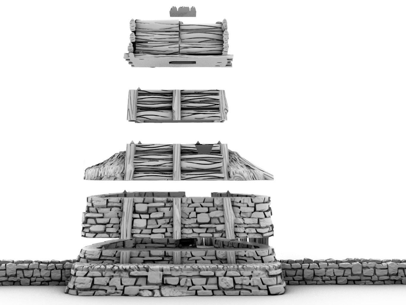 Primitive Mill and Watch Tower by GameScape3D - 3D Printed Tabletop Terrain, Perfect for Wargames, Board Games, RPGs