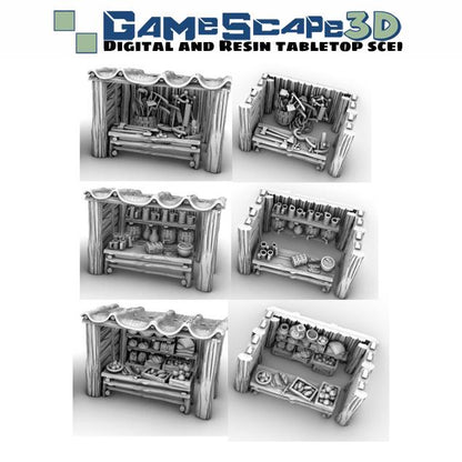 Merchant Stand with Slide in walls and tabletop variations 2 by GameScape3D - 3D Printed Tabletop Terrain, Perfect for Wargames, RPGs