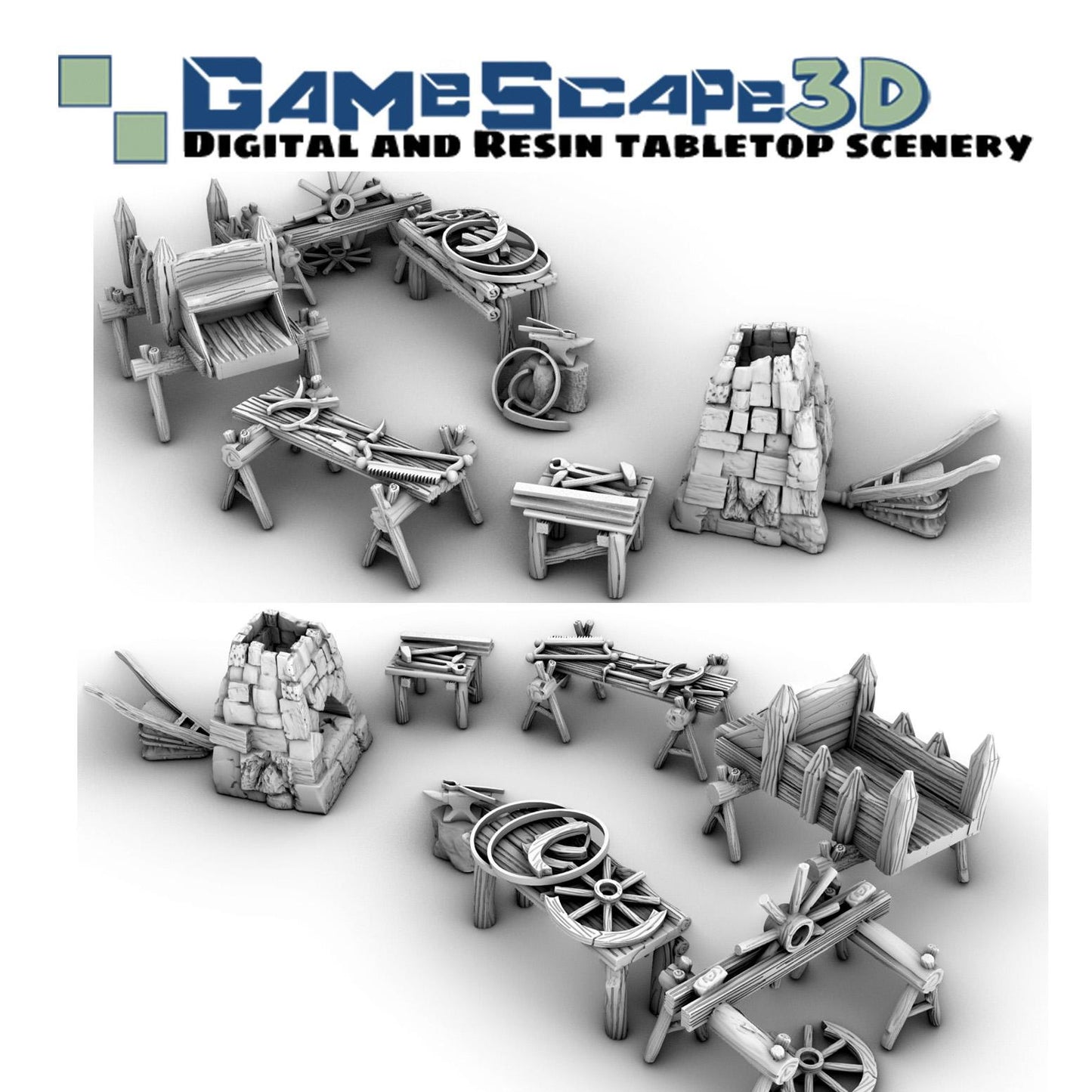 Wheel Wright and Small Smith by GameScape3D - 3D Printed Tabletop Terrain, Perfect for Wargames, RPGs