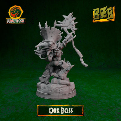 Ork Boss, Jurazzik Ork, Movie-inspired Orkish Menace Sculpted by Big Zkreen Boyz, Grimdark Compatible, Scaled for Sci-Fi Wargames