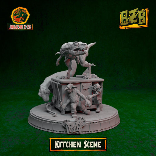 Kitchen - Scene, Jurazzik Ork, Movie-inspired Orkish Menace Sculpted by Big Zkreen Boyz, Grimdark Compatible, Scaled for Sci-Fi Wargames