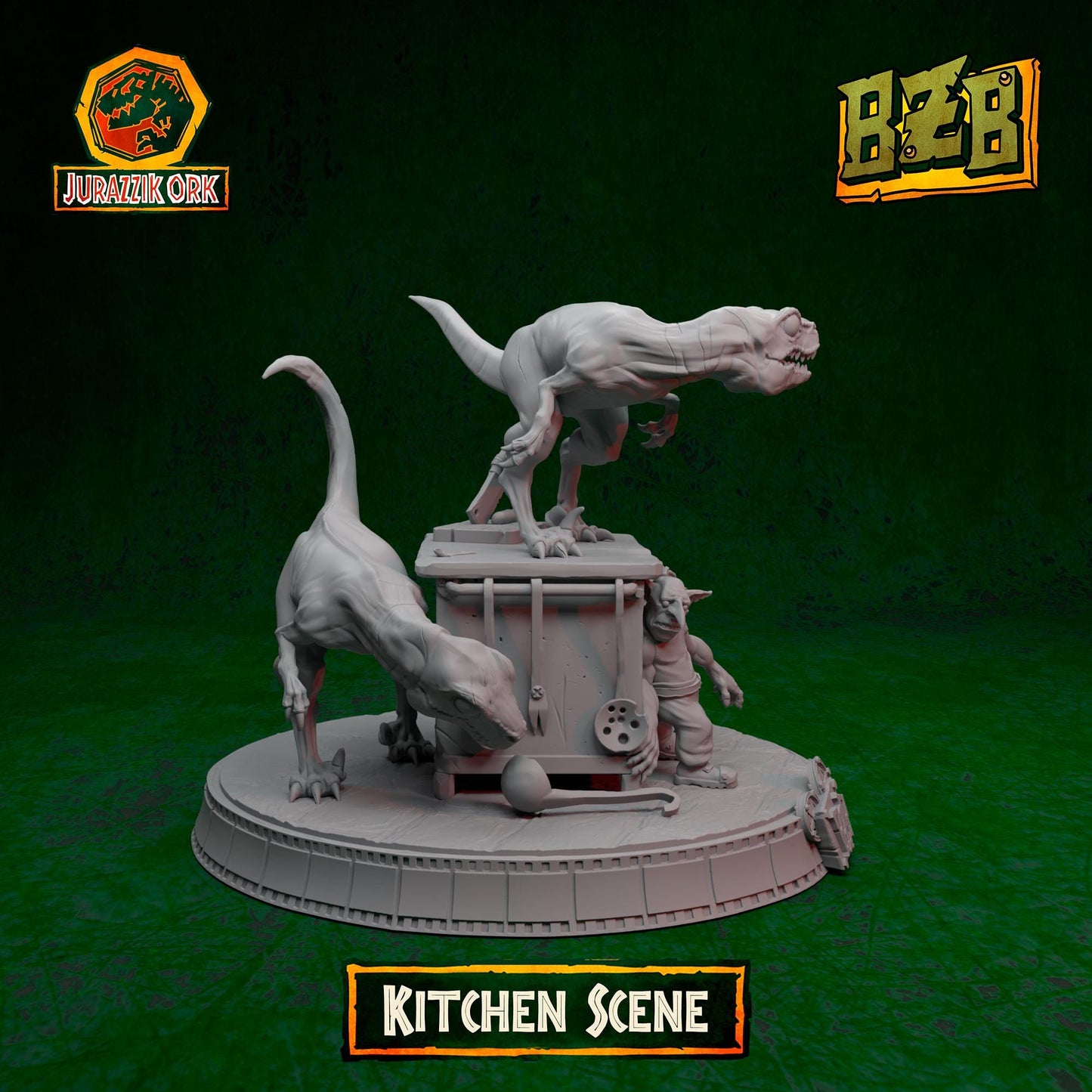 Kitchen - Scene, Jurazzik Ork, Movie-inspired Orkish Menace Sculpted by Big Zkreen Boyz, Grimdark Compatible, Scaled for Sci-Fi Wargames
