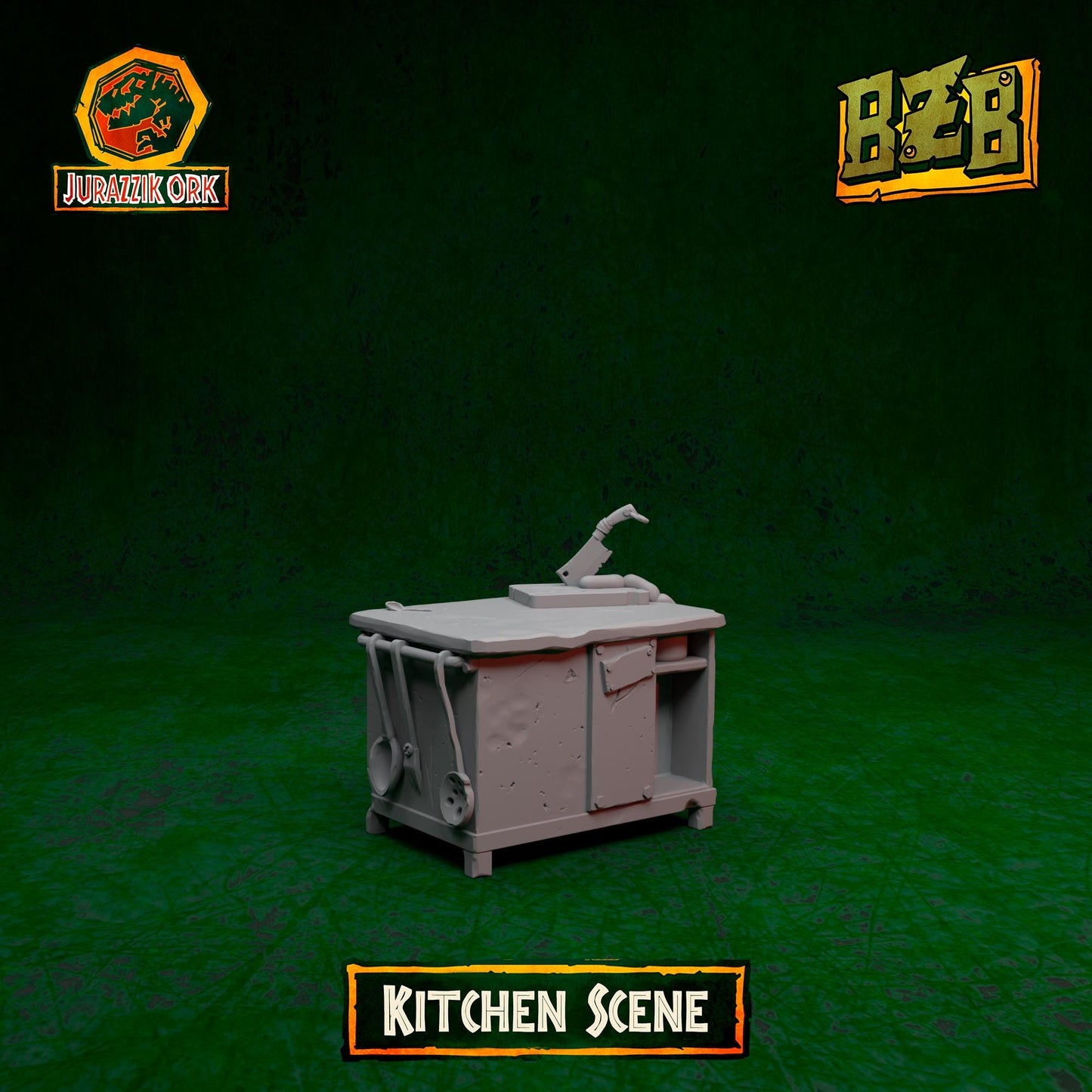 Kitchen - Scene, Jurazzik Ork, Movie-inspired Orkish Menace Sculpted by Big Zkreen Boyz, Grimdark Compatible, Scaled for Sci-Fi Wargames