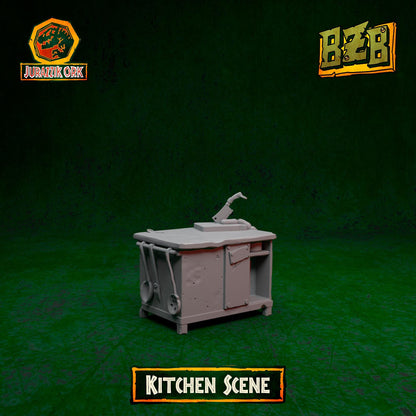 Kitchen - Scene, Jurazzik Ork, Movie-inspired Orkish Menace Sculpted by Big Zkreen Boyz, Grimdark Compatible, Scaled for Sci-Fi Wargames