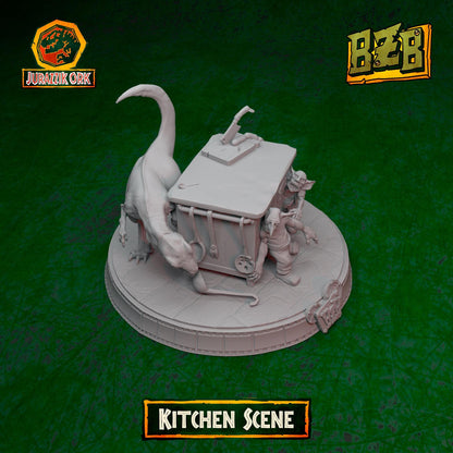 Kitchen - Scene, Jurazzik Ork, Movie-inspired Orkish Menace Sculpted by Big Zkreen Boyz, Grimdark Compatible, Scaled for Sci-Fi Wargames