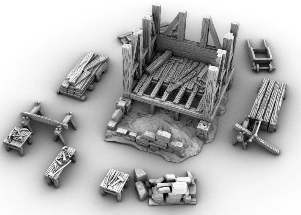 Full Construction Site and Partial Building by GameScape3D - 3D Printed Tabletop Terrain, Perfect for Wargames, Board Games, RPGs