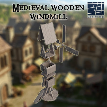 Medieval Wooden Windmill - Tabletop Terrain - 28 MM, Tabletop 3D Printed Terrain by MiniatureLand, Perfect for Wargaming and RPGs