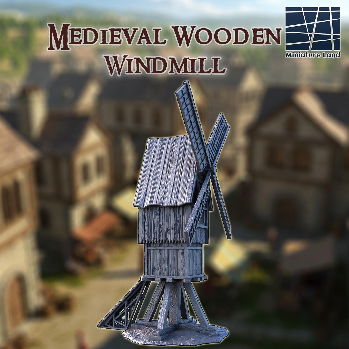Medieval Wooden Windmill - Tabletop Terrain - 28 MM, Tabletop 3D Printed Terrain by MiniatureLand, Perfect for Wargaming and RPGs