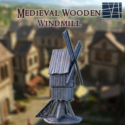 Medieval Wooden Windmill - Tabletop Terrain - 28 MM, Tabletop 3D Printed Terrain by MiniatureLand, Perfect for Wargaming and RPGs