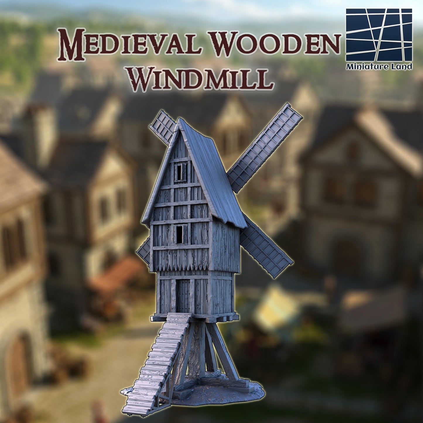 Medieval Wooden Windmill - Tabletop Terrain - 28 MM, Tabletop 3D Printed Terrain by MiniatureLand, Perfect for Wargaming and RPGs