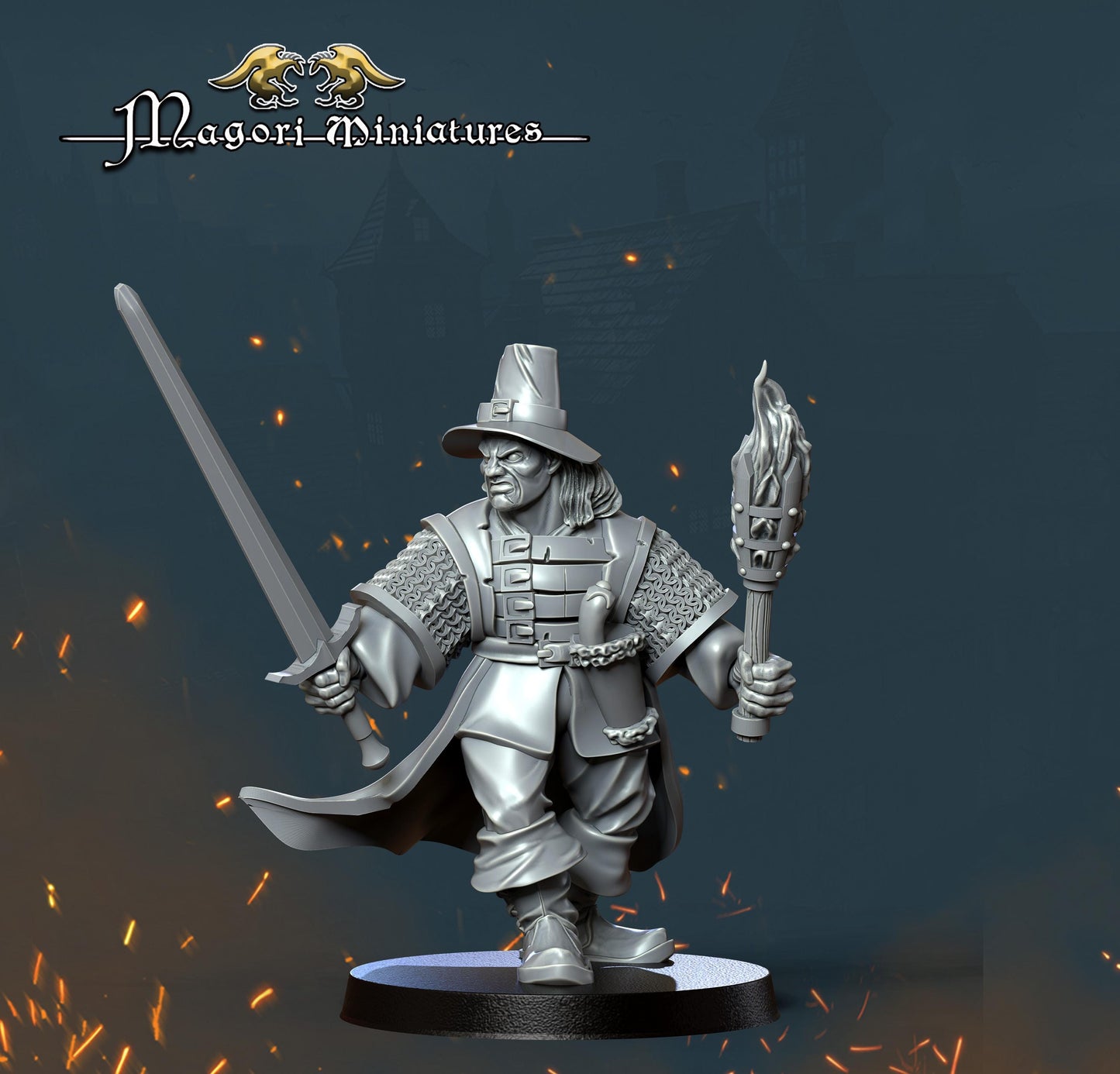 Witch Hunter with Torch, Fantasy Skirmish Miniatures by Magori Miniatures, perfect for Fantasy Wargames and RPGs